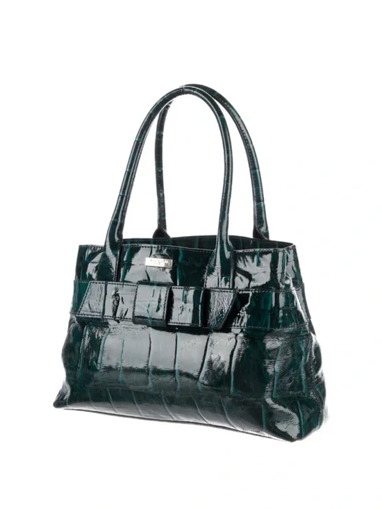 KATE SPADE ~ Emerald Green Croc-Embossed Patent Leather Tote with Bow - Picture 11 of 13